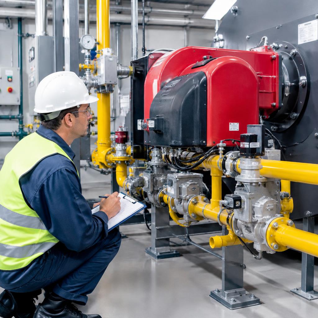 Técnico revisando el tren de combustible de un quemador industrial